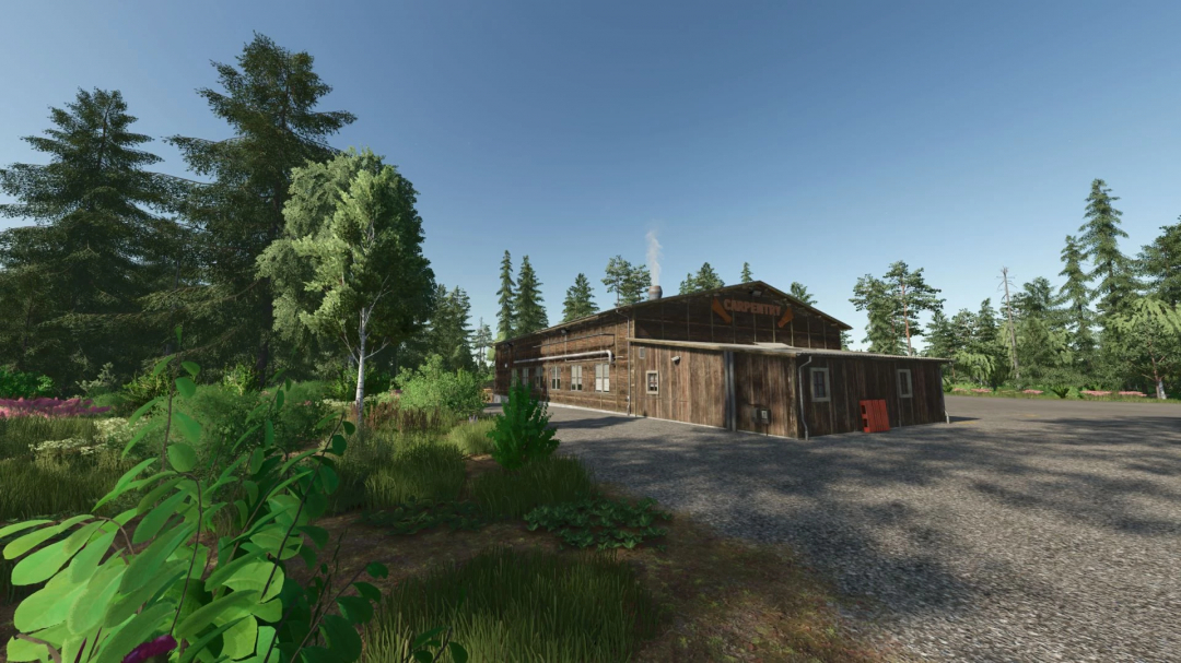 Farming Simulator 25 mod: Forest Valley v1.0.1.0 featuring a rustic wooden carpentry workshop surrounded by trees and greenery.