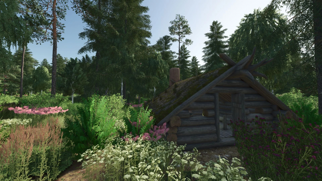 A rustic wooden cabin in a lush forest environment from Farming Simulator 25 mods, part of Forest Valley v1.0.1.0.