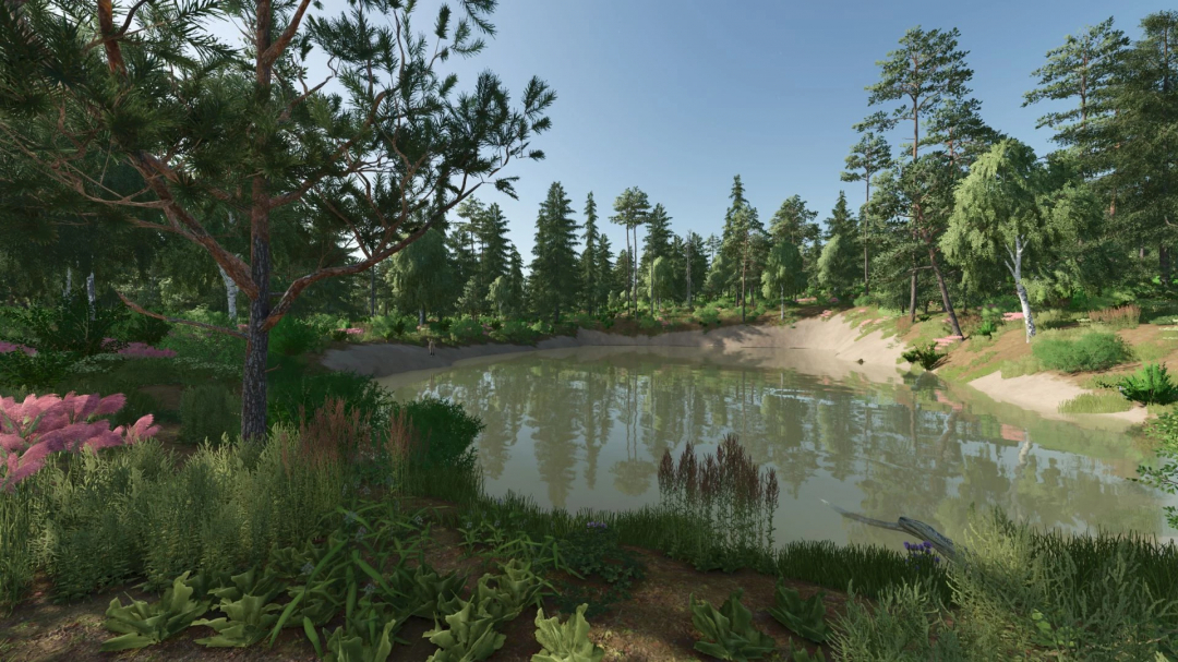 Farming Simulator 25 mod screenshot of a serene lakeside scene in Forest Valley v1.0.1.0, featuring lush trees and lush vegetation.
