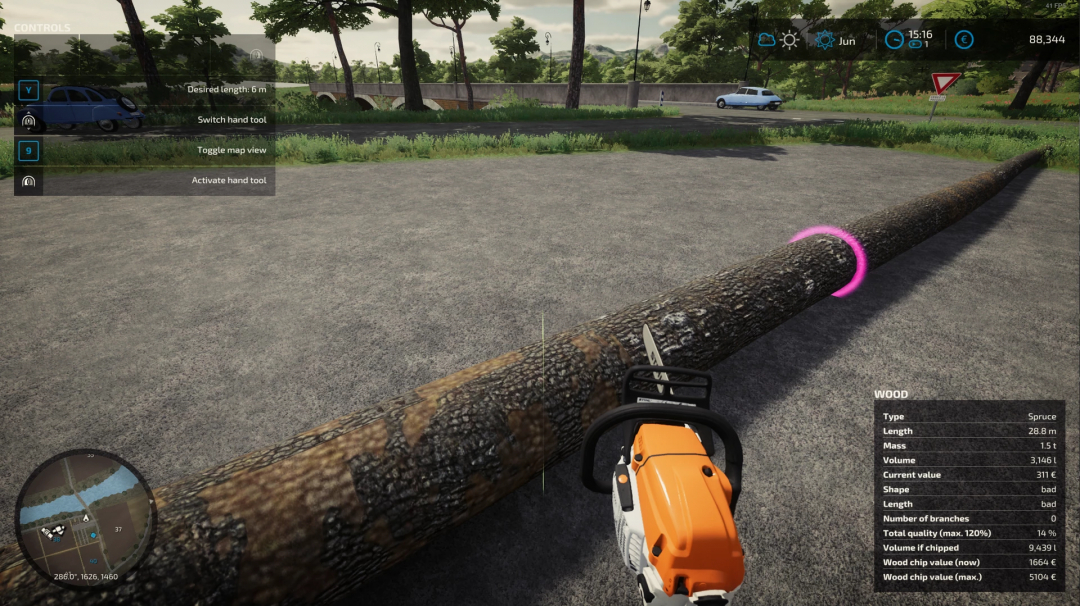 Farming Simulator 25 mods: Cutting a log with a chainsaw in Forestry Helper v1.0.0.2 mod, showing detailed wood properties and in-game interface.