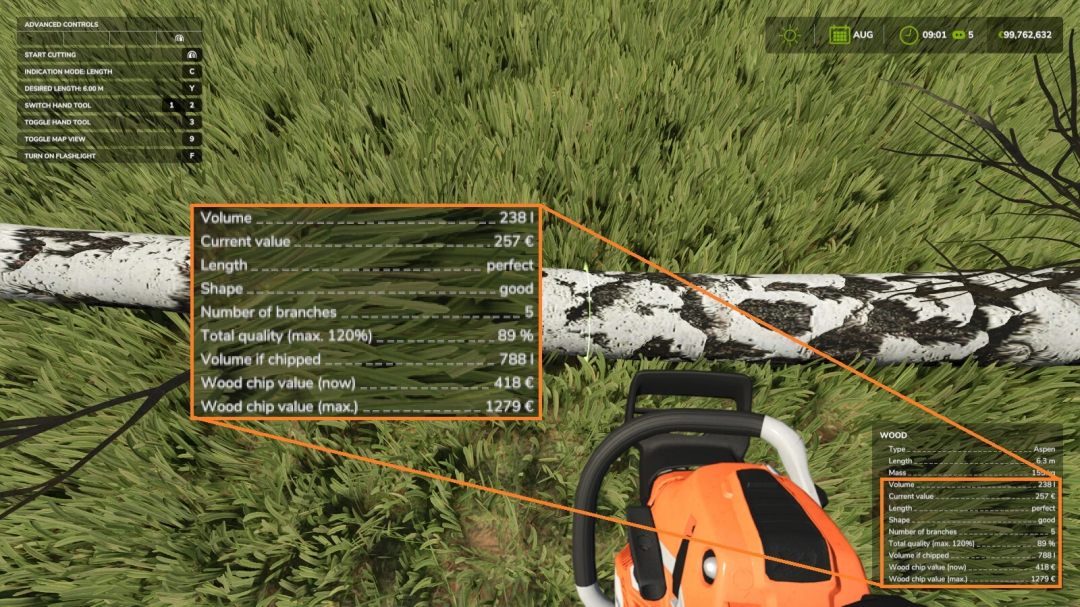 Farming Simulator 25 mod showcasing a chainsaw with detailed wood log volume and quality information, part of Forestry Helper mod.