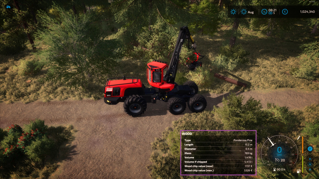 Farming Simulator 25 mod: Forestry Helper v1.0.0.2 with Ponderosa Pine selected, showing detailed wood parameters and in-game clock.