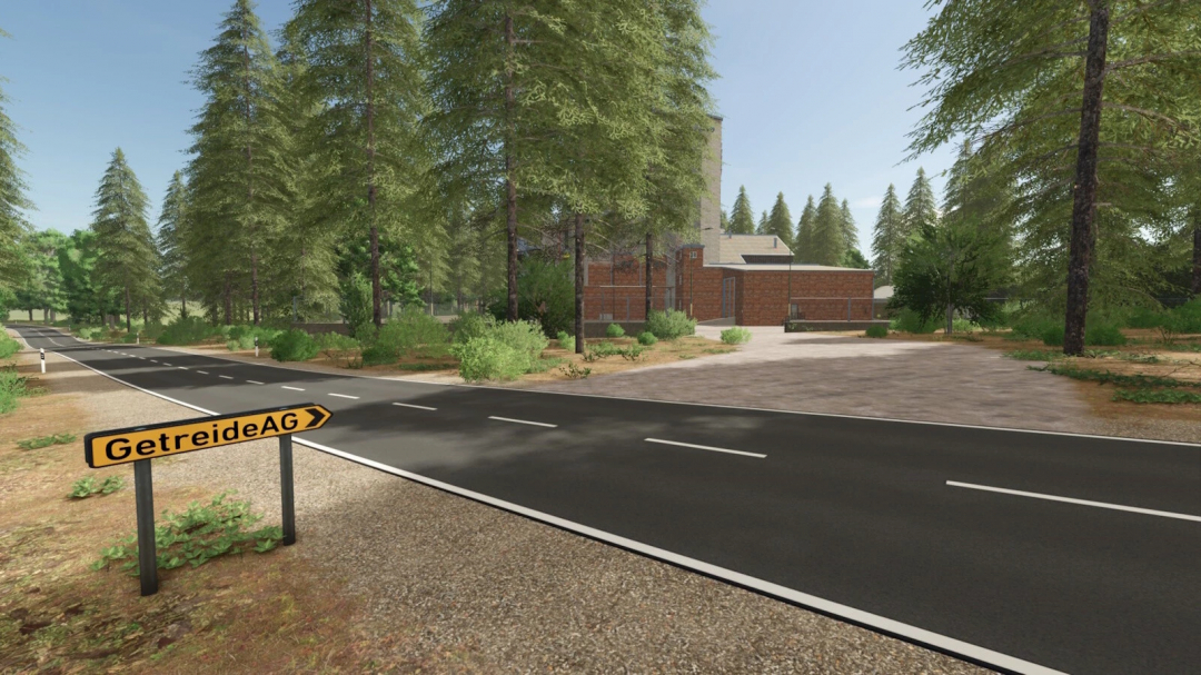 Farming Simulator 25 mod scene featuring a rural road, trees, and a building, showcasing the FrechDachs Map 4x v1.2.0.0.