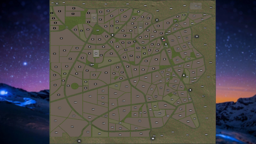 Map from FrechDachs Map 4x v1.2.0.0 mod in Farming Simulator 25, showing detailed layout with numbered fields and roads.