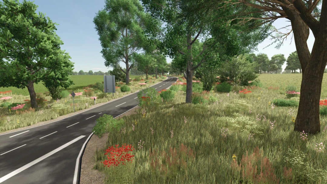 Farming Simulator 25 mod image of a scenic rural road surrounded by lush green trees and colorful flowers, part of the FrechDachs Map 4x v1.2.0.0.