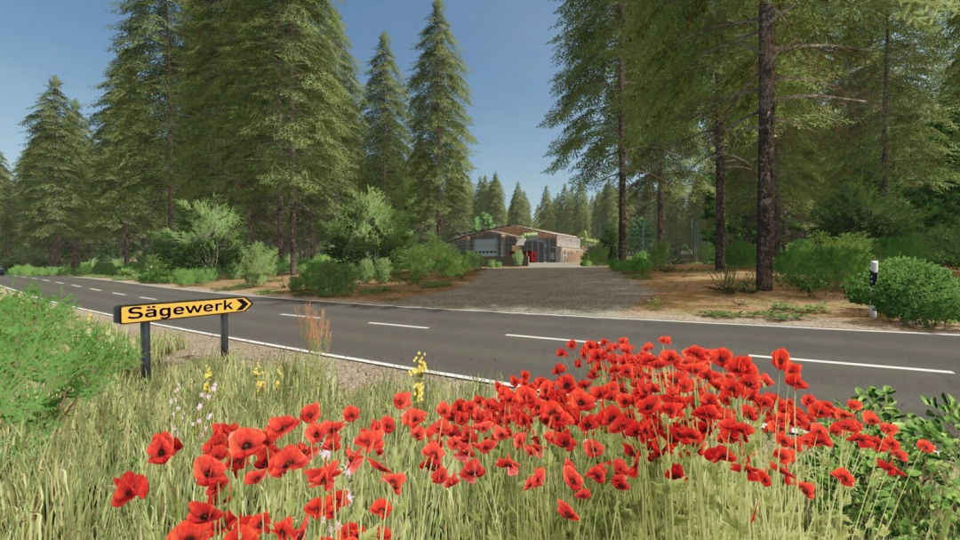 Farming Simulator 25 mod image showing a forested area, a road with a Sägewerk sign, and a farm building in the background, part of FS25 mods.