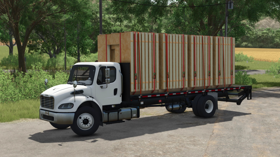 FS25 mod Freightliner M2 Stakebed v1.3.0.0 with wood crates on a flatbed in Farming Simulator 25.