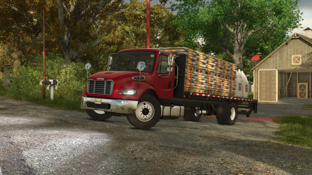 Farming Simulator 25 mod: Red Freightliner M2 Stakebed carrying wooden pallets, realistic farm environment in Farming Simulator 25.