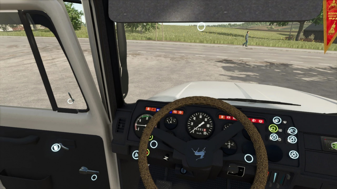 Interior view of the Farming Simulator 25 mod GAZ-3307 v1.0.2.0 truck dashboard with detailed gauges and steering wheel, in FS25 game.