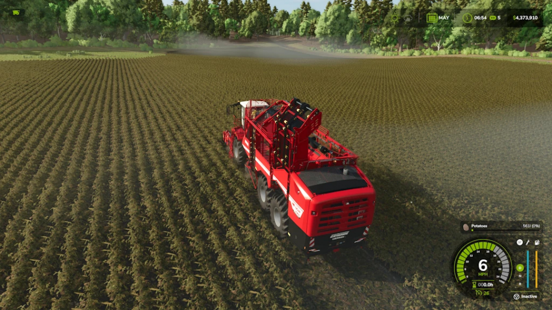 Farming Simulator 25 mod: Grimme Rexor 6300 self-propelled sprayer working in a potato field.