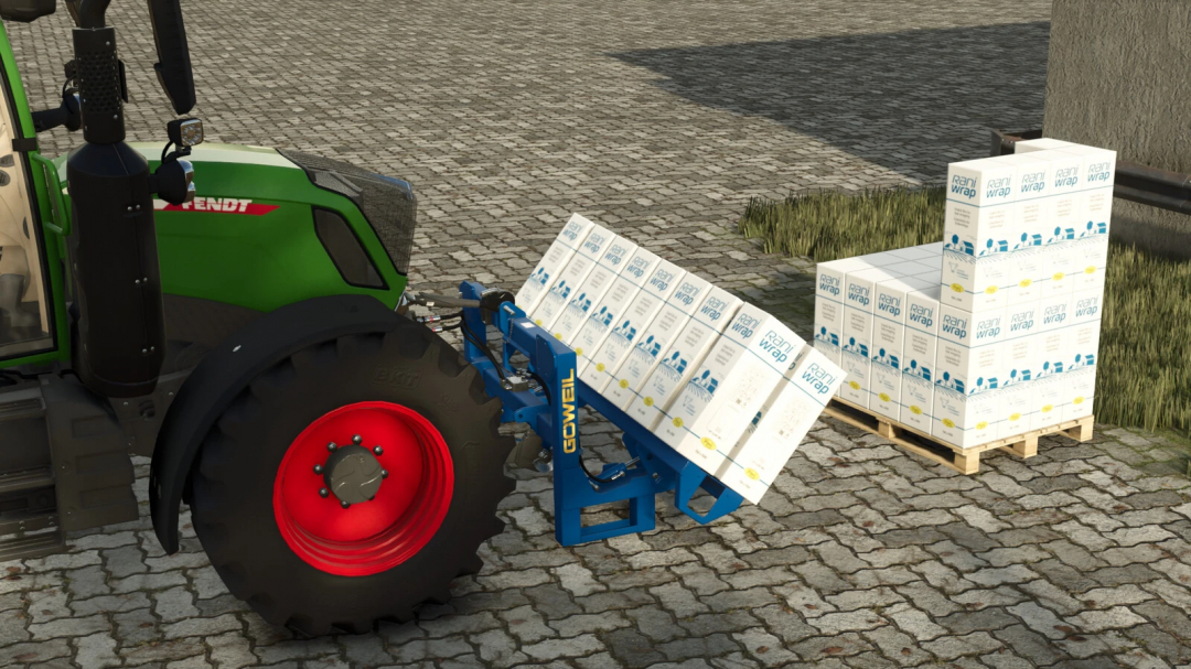 Farming Simulator 25 mod: tractor with Rani Wrap display, wrapping bales with Rani Wrap, part of FS25 mods collection.