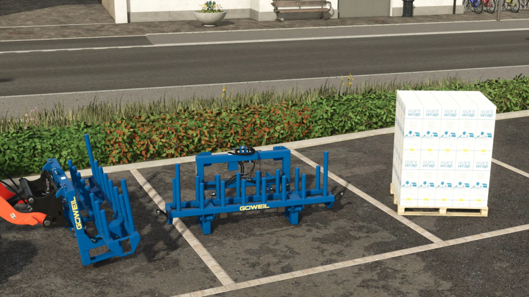 Farming Simulator 25 mods: Showcasing the Goweil GFM agricultural equipment with pallets on a parking lot, part of FS25 mods collection.
