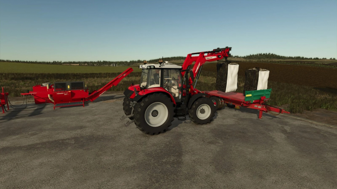 Farming Simulator 25 mod: Red tractor with Hakki Pilke 50 Pro wood chipper attached, used for forestry tasks in FS25.