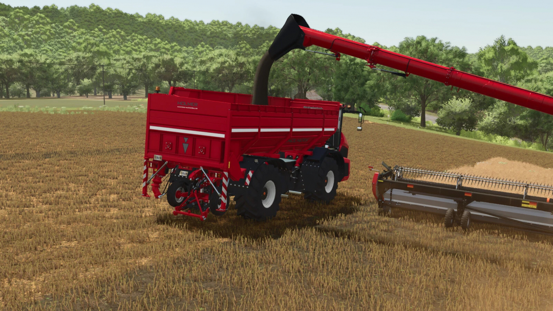 Farming Simulator 25 mod: Holmer Pack v1.0.0.0 featuring red harvesting machinery on a farm field.