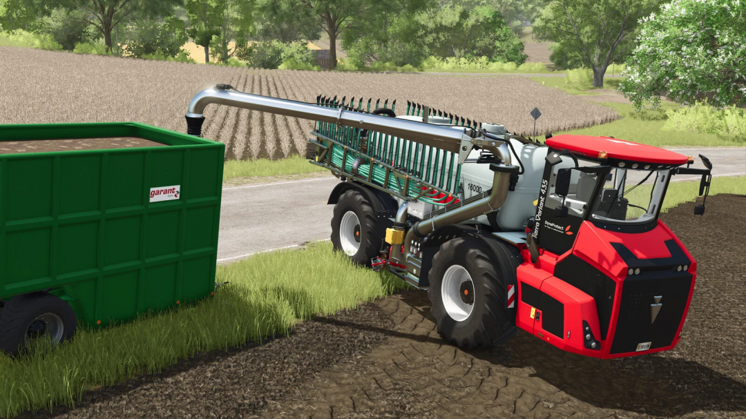 Farming Simulator 25 mod featuring a Holmer Pack with a forage harvester connected to a green container on a farm field.