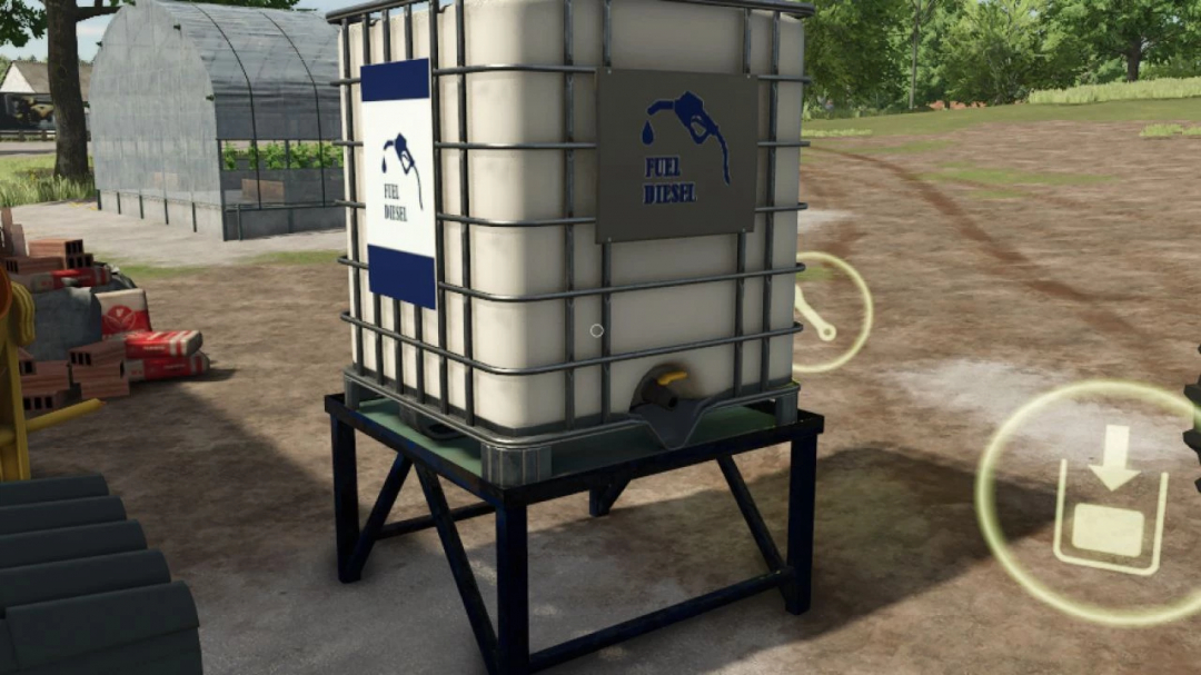 Homemade Fuel Tank v1.0.0.0 for Farming Simulator 25, a large diesel fuel tank on a stand, used for mods, featuring a label with fuel pump icon.