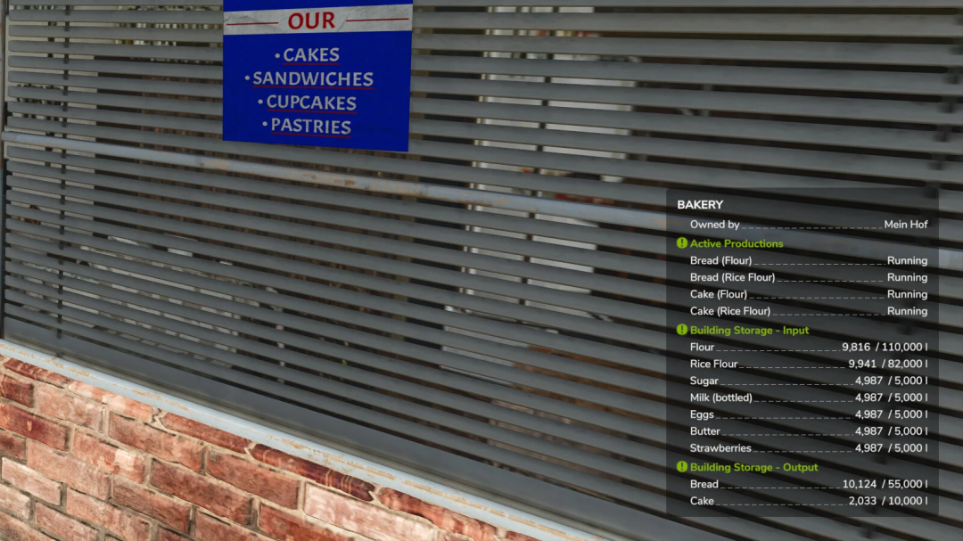 Image showing bakery info display with production and storage data, and signage for cakes, sandwiches, cupcakes, and pastries, from Farming Simulator 25 mods.
