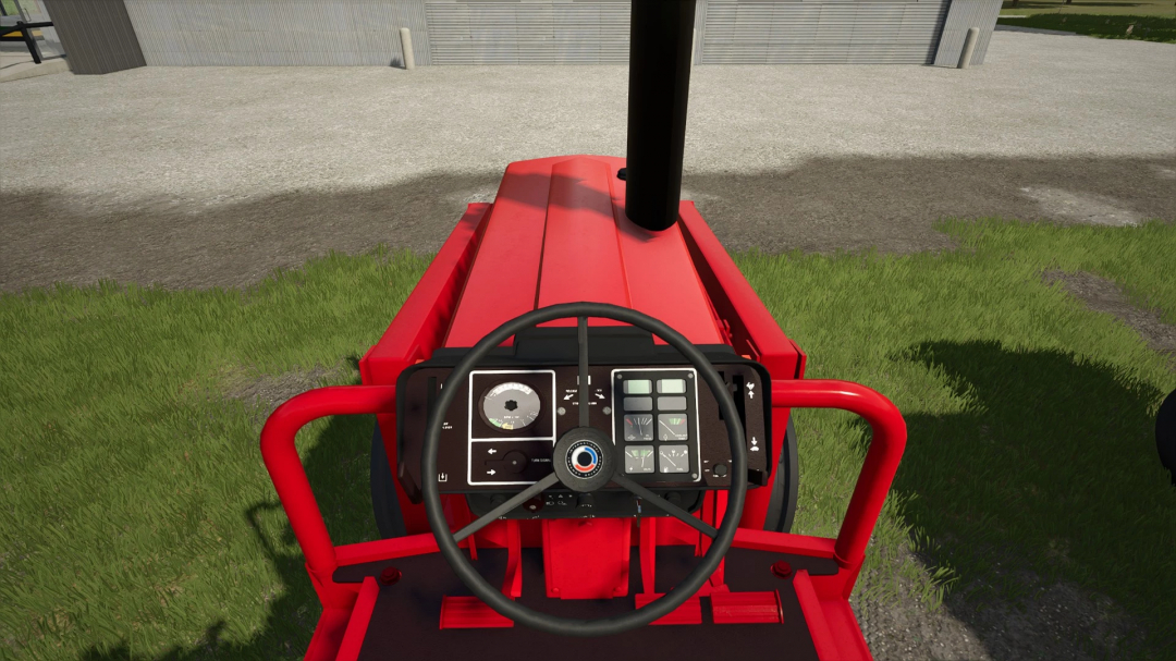 Inside view of a red tractor from Farming Simulator 25 with detailed dashboard and steering wheel, part of FS25 mods.