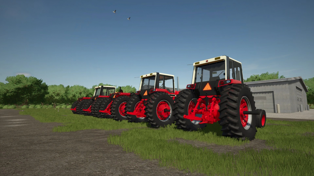 Line of four red tractors with black cabins in Farming Simulator 25, showcasing the International 86 Series Overhauled mod.