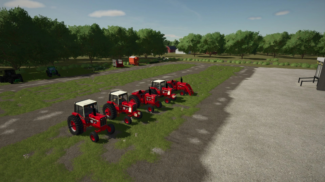 Farming Simulator 25 mods: Four red tractors with white roofs parked on a farm yard with trees, grass, and farming equipment in the background.