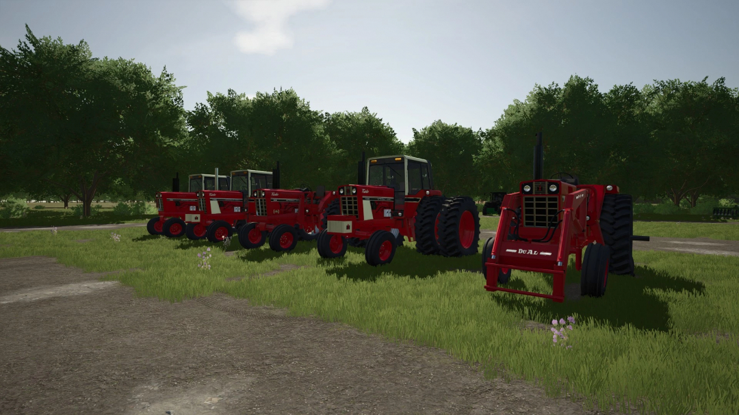 Farming Simulator 25 mods featuring a lineup of red International 86 Series tractors displayed on a grassy field.