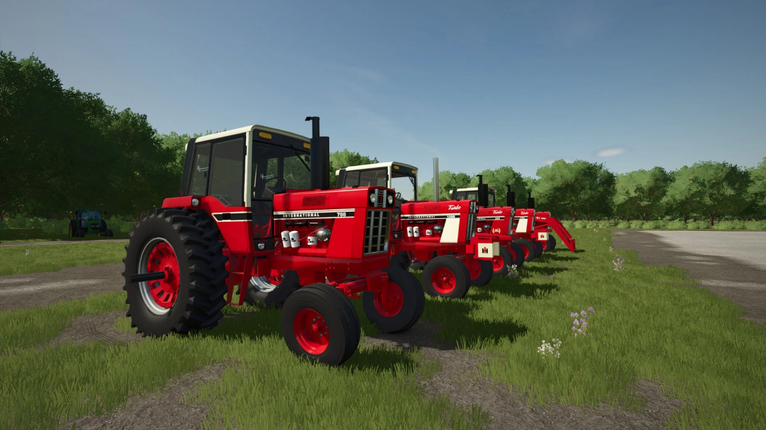 Lineup of red tractors in Farming Simulator 25 with FS25 mods, showcasing the International 86 Series Overhauled v1.0.0.0 mod.