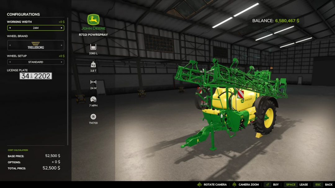 Farming Simulator 25 mod: John Deere Precision Farming Sprayers 1.1.0.0, green and yellow spray equipment in a warehouse, in-game interface visible.