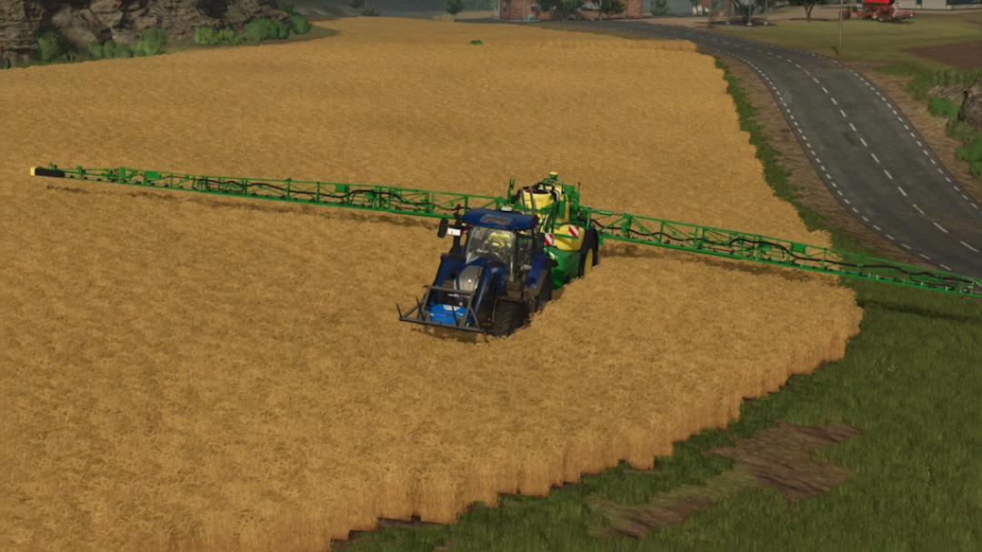 Farming Simulator 25 mods: John Deere Precision Farming Sprayers 1.1.0.0 spraying a wheat field with a large green and blue tractor in FS25.