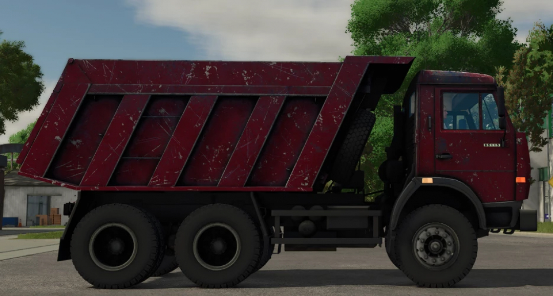 Farming Simulator 25 mods: Red KamAZ 65115 dump truck with a distressed, scratched appearance.