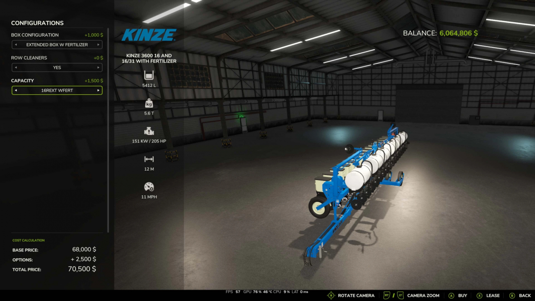 Farming Simulator 25 mods: Kinze 3600 16 and 16/31 row planter with fertilizer inside a warehouse in FS25 game.
