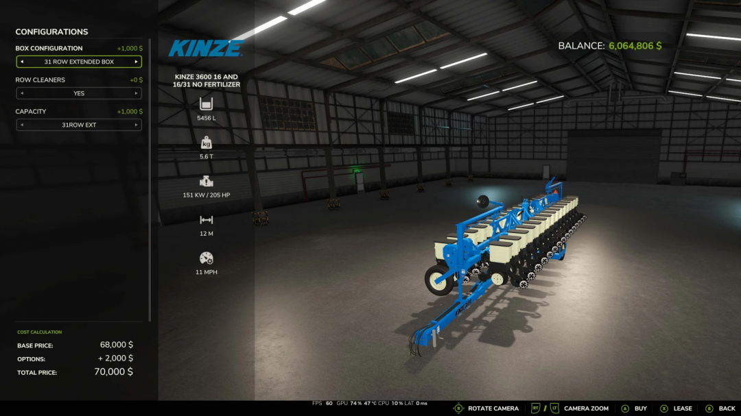 Farming Simulator 25 mod: Kinze 3600 16/31 row planter in a warehouse with configuration options displayed.
