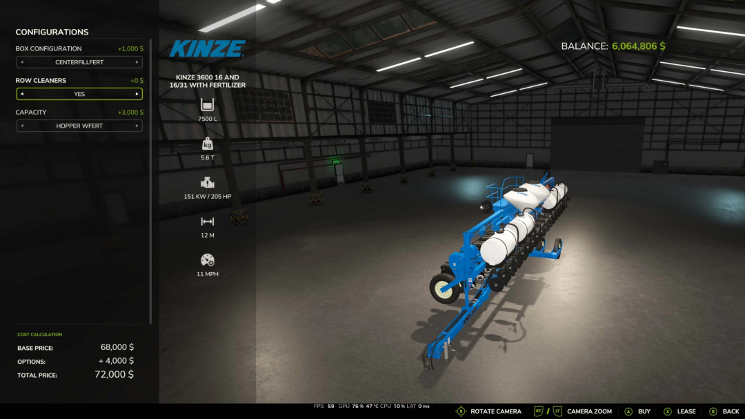 Farming Simulator 25 mod: Kinze 3600 16/31 row planter with fertilizer, displayed in a warehouse with detailed specifications and configuration options.