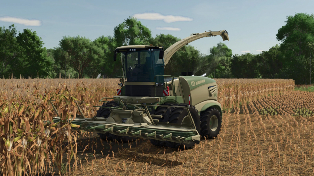 Farming Simulator 25 mod featuring the Krone BigX 1180 Pack v1.0.1.0 plowing a field with a large forage harvester in a wheat field.