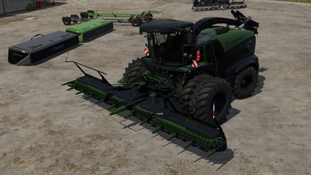 Farming Simulator 25 mod featuring the Krone BigX 1180 pack, a large forage harvester with green and black design and various attachments in the background.