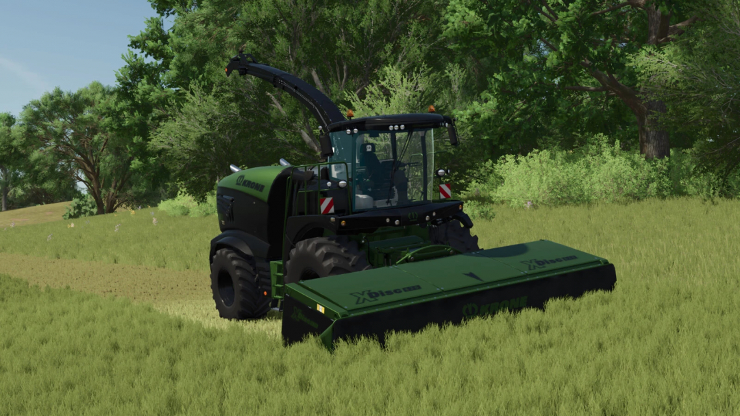 Farming Simulator 25 mod featuring the Krone BigX 1180 Pack v1.0.1.0 with a green forage harvester in a lush field.