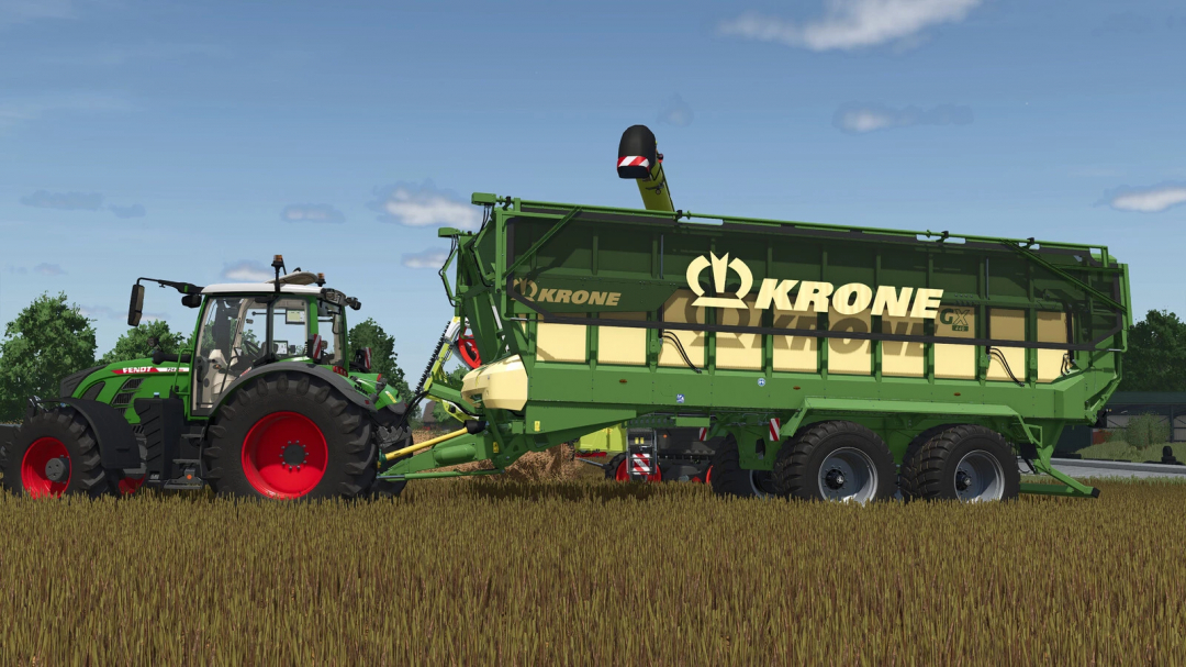 Farming Simulator 25 mod: Green tractor pulling a Krone GX 440 forage wagon on a field.