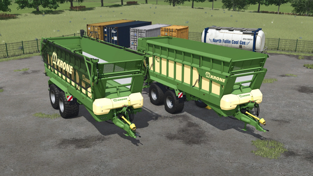 Farming Simulator 25 mods featuring Krone GX 440 green and yellow forage trailers for enhanced farm logistics.