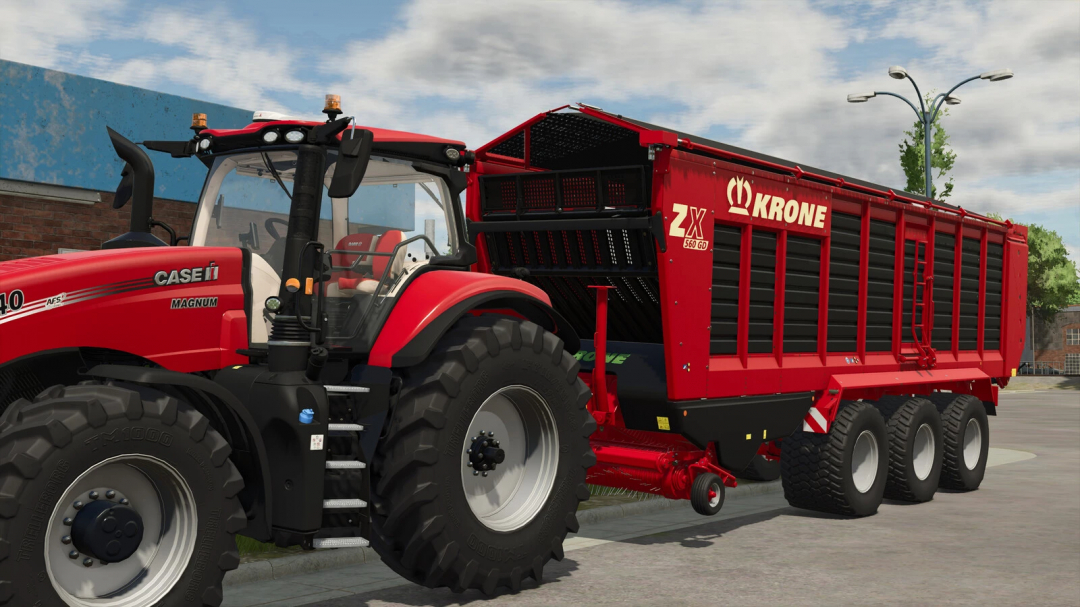 Farming Simulator 25 mods: Case Magnum tractor with Krone ZX 560 GD forage wagon mod, featuring realistic agricultural equipment.