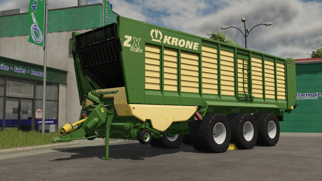 Farming Simulator 25 mods: Krone ZX 560 GD agricultural trailer with green and beige color, large tires, and detailed design.