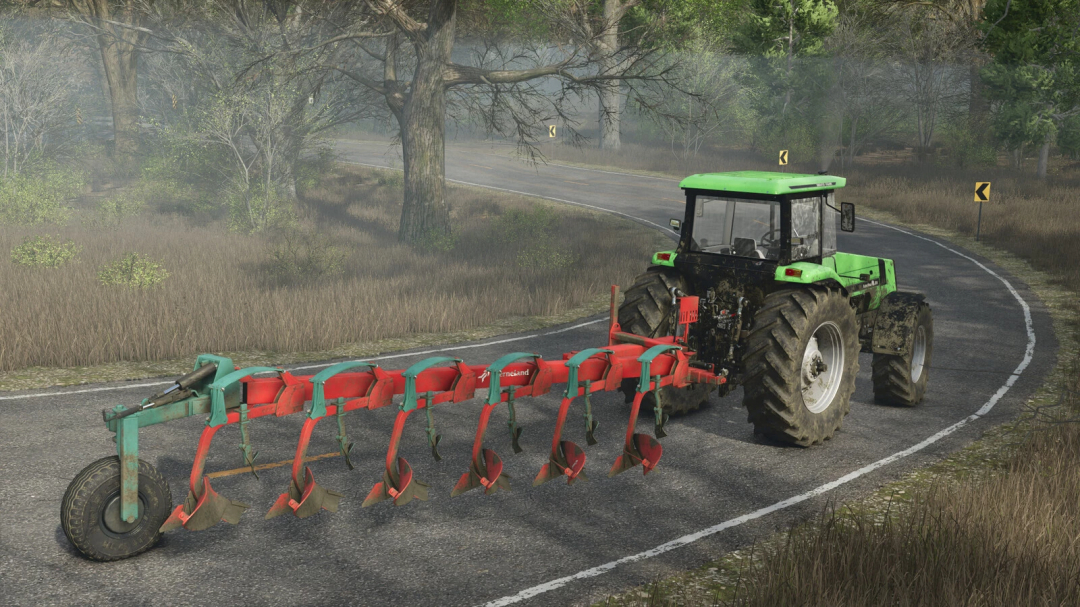 Farming Simulator 25 mod: Kverneland BE 6(F) implement attached to a tractor on a rural road, in a forestry setting.