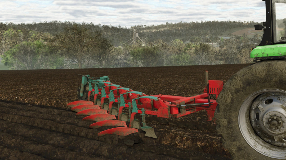 Farming Simulator 25 mod: Kverneland BE 6(F) cultivator working in a field with a tractor, realistic farming setup, ideal for FS25 mods enthusiasts.