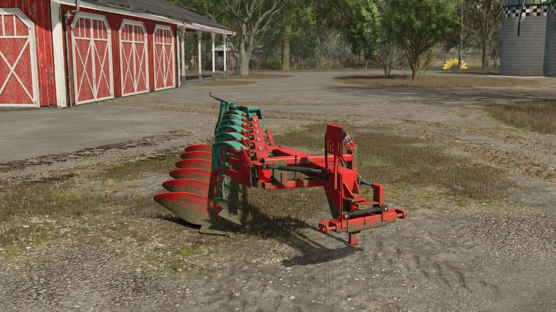 Farming Simulator 25 mod: Kverneland BE 6(F) plow in a farmyard setting, ready for soil preparation. FS25 mods, Farming Simulator 25 mods.