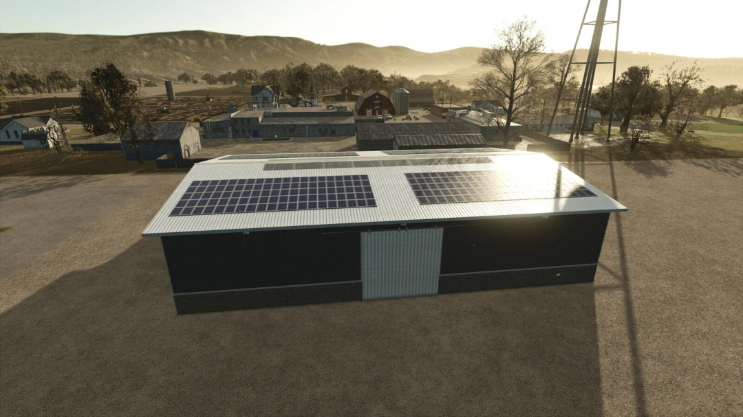 Large Machine And Implement Shed v1.0.0.0 from Farming Simulator 25 mods, featuring solar panels on the roof, on a farm with rural buildings in the background.