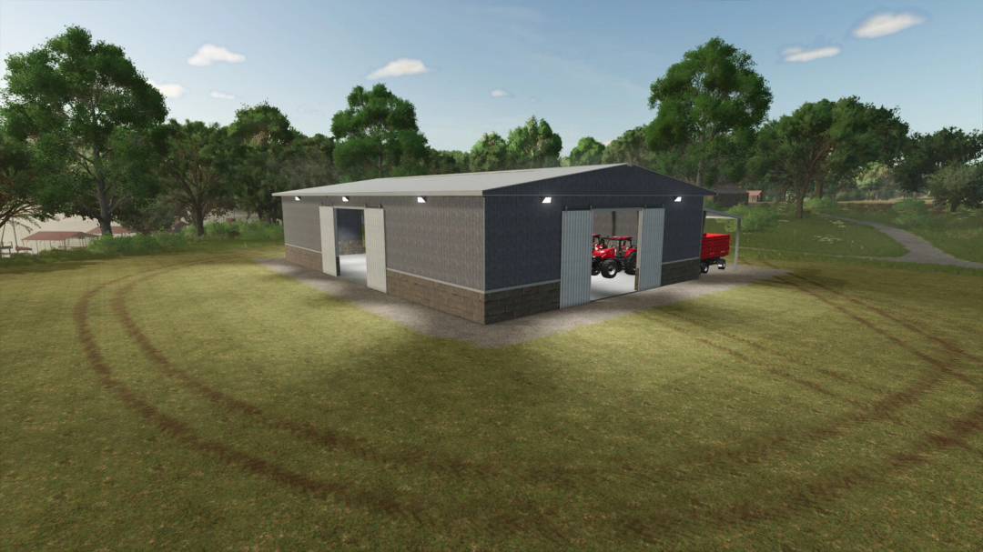 Large Machine And Implement Shed v1.0.0.0 in Farming Simulator 25, using this mod to store tractors and farming equipment.