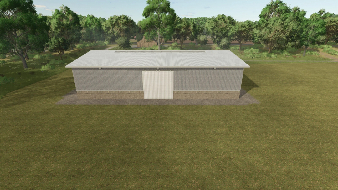 Large Machine and Implement Shed in Farming Simulator 25 mods, outdoor view, metal roof, set on a grassy farm area.