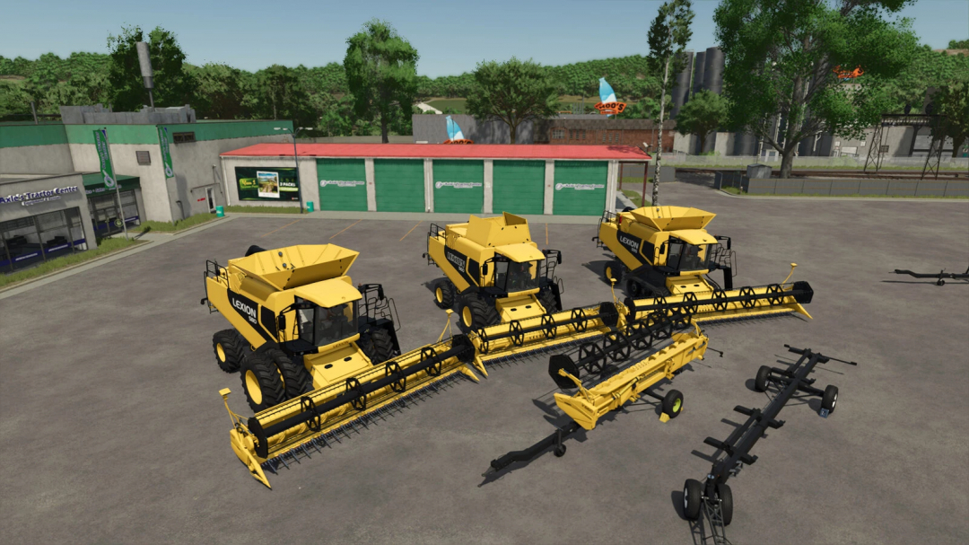 Farming Simulator 25 mods featuring three Lexion 560-590 US harvesters in a farm equipment lot.