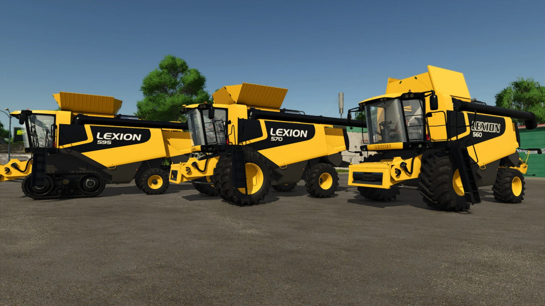 Image of three massive yellow and black Lexion harvesters from FS25 mods, including models 595, 570, and 560, parked outdoors on a clear day.