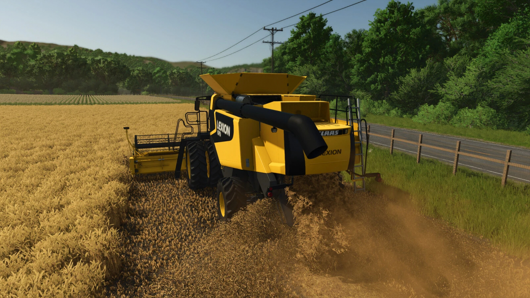 Farming Simulator 25 mods, CLAAS Lexion 560-590 US harvester in a field with dust and green trees in the background.