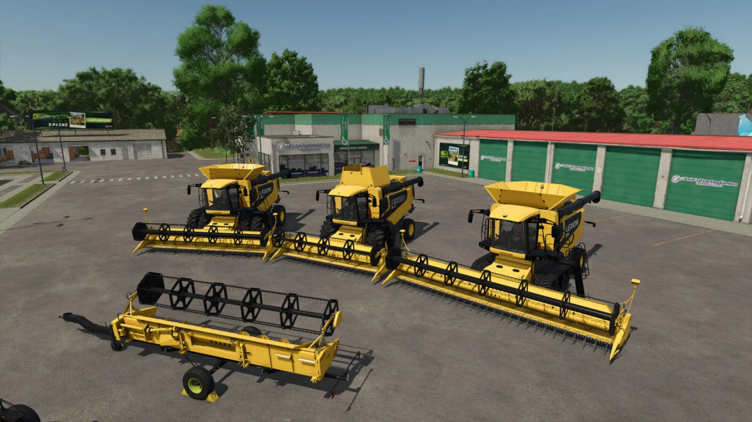Farming Simulator 25 mods featuring the Lexion 560-590 US combines with header attachments, displayed in an outdoor lot setting.