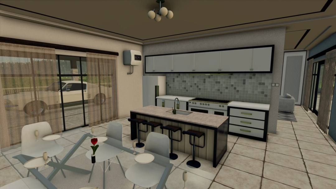 Interior view of a modern kitchen in Farming Simulator 25 with a dining area, barstools, and a window showing a vehicle outside, from Little House PC only v1.0.0.0 mod.